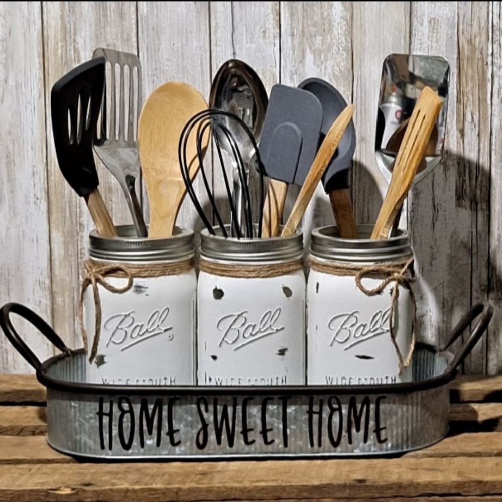 Rustic Kitchen Mason Jar Utensil Holder 3pc Set  Galvanized Metal Try w/ Handles